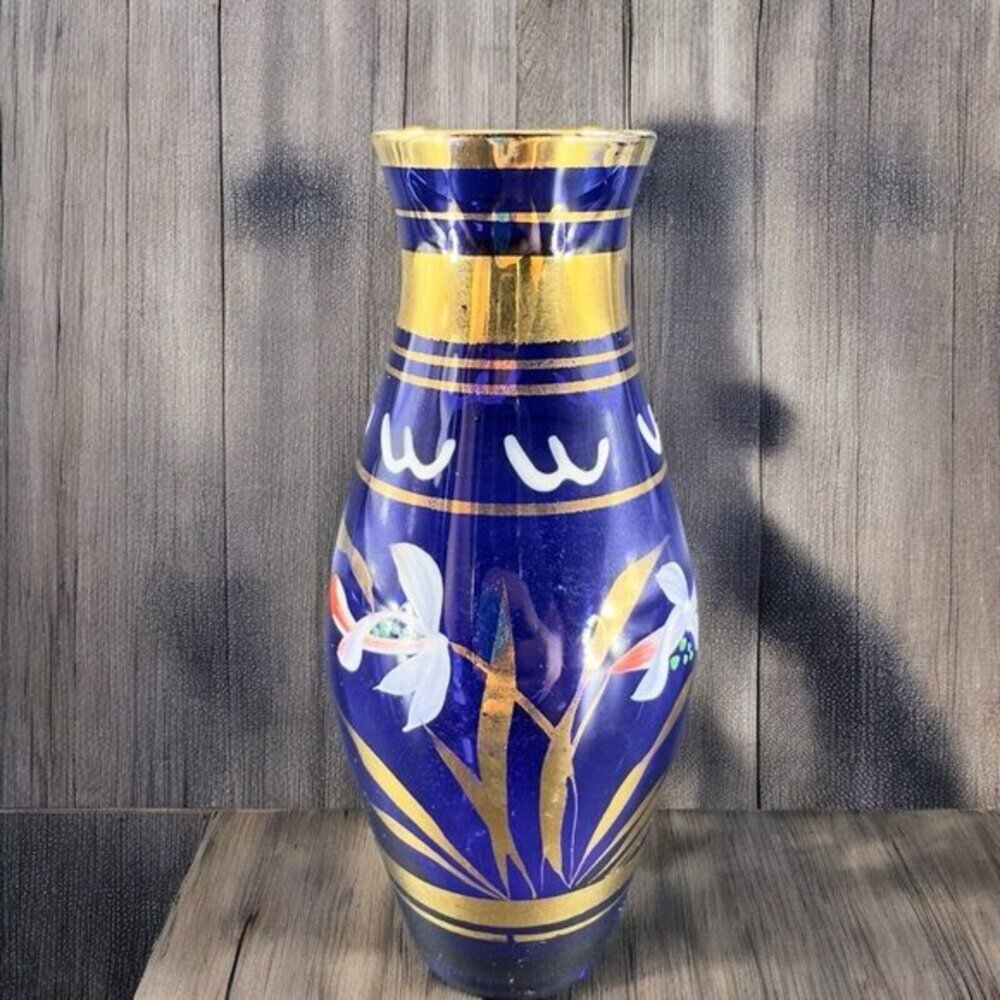 Vintage Bohemian Art Glass Vase Vessel‎ With Hand Painted Flowers Czech Vase VTG